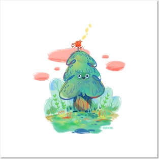 Cute happy pine tree and bird friend Posters and Art